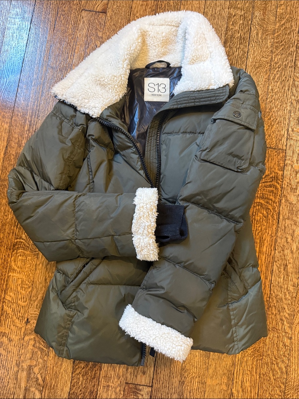 S13 Olive Green Sherpa-Trim Puffer Jacket